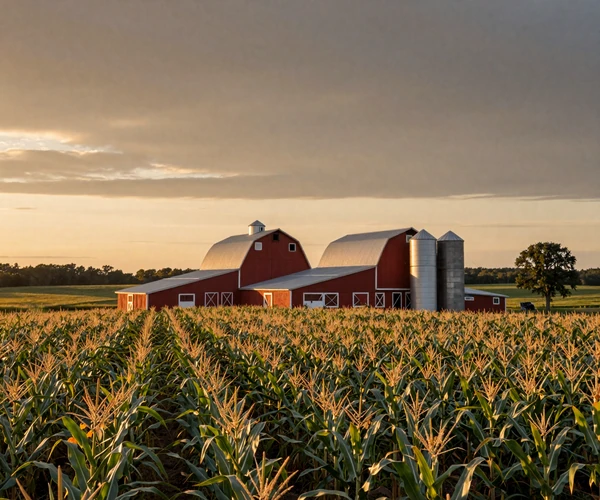 Iowa cornfield at sunset with red barn and silver grain silos representing Hawkeye farmer dating community