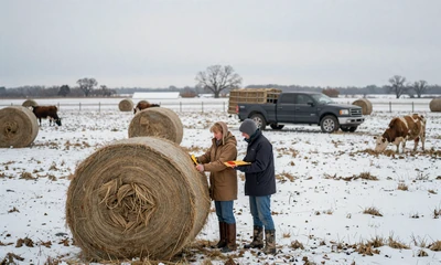 Farmer couple in winter coats feeding cattle round bales in a snowy Nebraska pasture