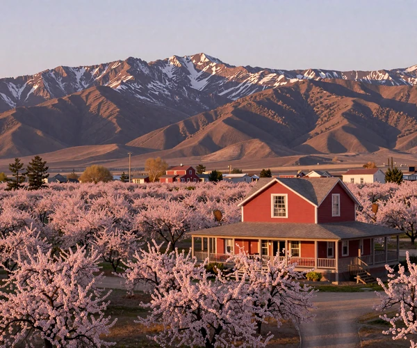 California Central Valley almond orchard in bloom with farmhouse and Sierra foothills showing California country dating community