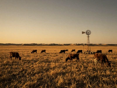 Nebraska rangeland with cattle and windmill at sunset, gateway to Nebraska farmers dating on MuchDating