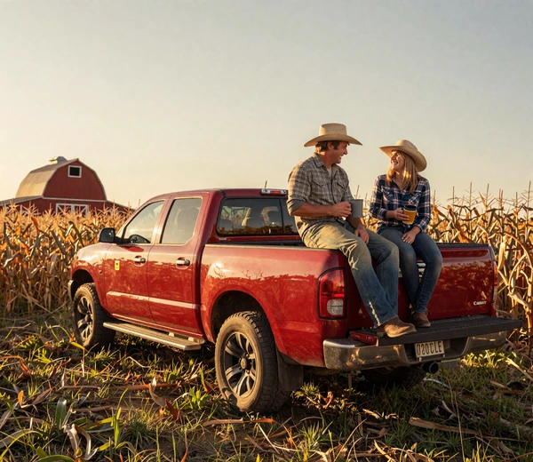Country couple sitting on pickup truck tailgate at sunset, illustrating the rural lifestyle MuchDating's country dating site is built for