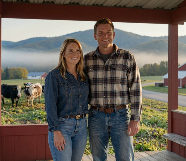 Becky and Tom, a widowed second-chance country couple in their 60s, sharing coffee on a farmhouse porch at sunrise after meeting on MuchDating