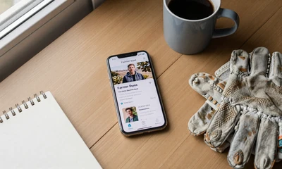 Smartphone with a farmer dating app on a kitchen table, illustrating FarmersOnly reviews