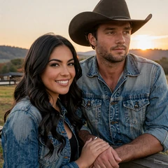 Marisol and Wyatt, Tennessee ranch couple leaning on a fence at sunset