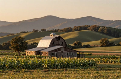 North Carolina farm country with tobacco barn and Blue Ridge mountains