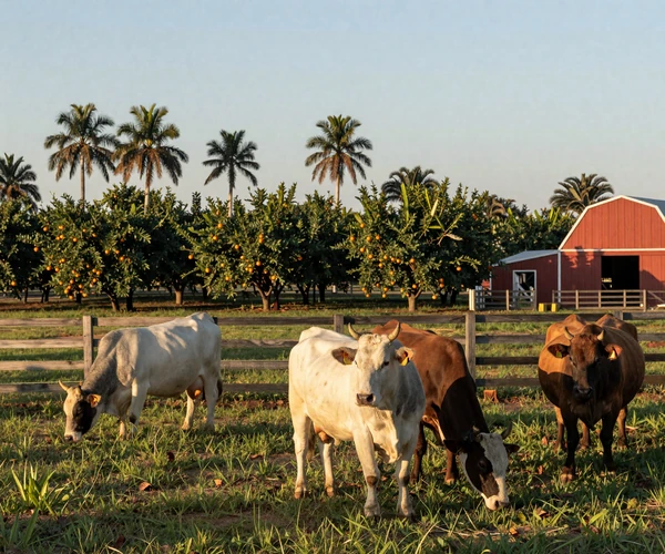 Central Florida cattle ranch with Brahman cattle and orange grove illustrating inland Sunshine State farmer dating community