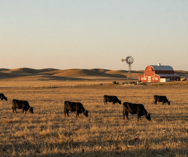 Nebraska Sandhills cattle ranch at golden hour with grazing herd, illustrating Cornhusker farmer dating community