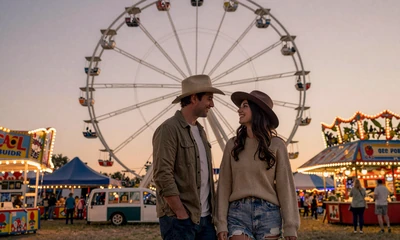 Country couple at a county fair at dusk with Ferris wheel behind them