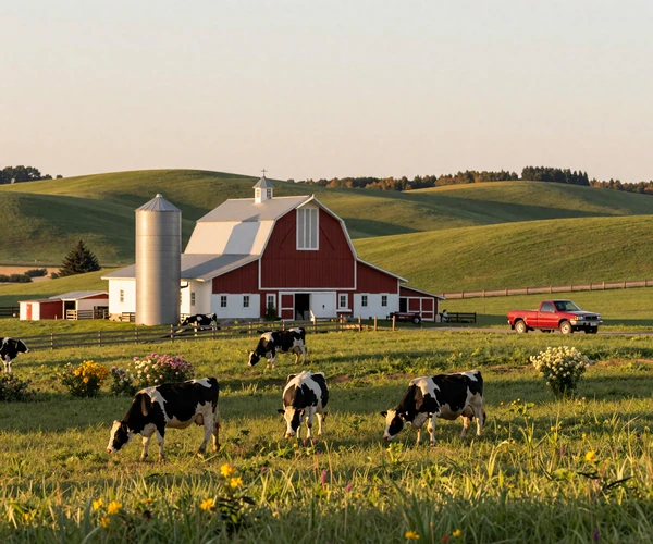 Wisconsin dairy farm with red barn, silver silo and Holstein cows on Driftless pasture illustrating Dairyland farmer dating community