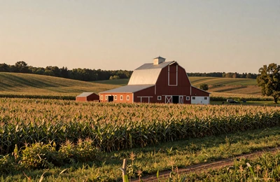 Ohio farm country with red barn and cornfield
