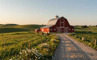 Red barn at golden hour with rolling pastures and wildflowers