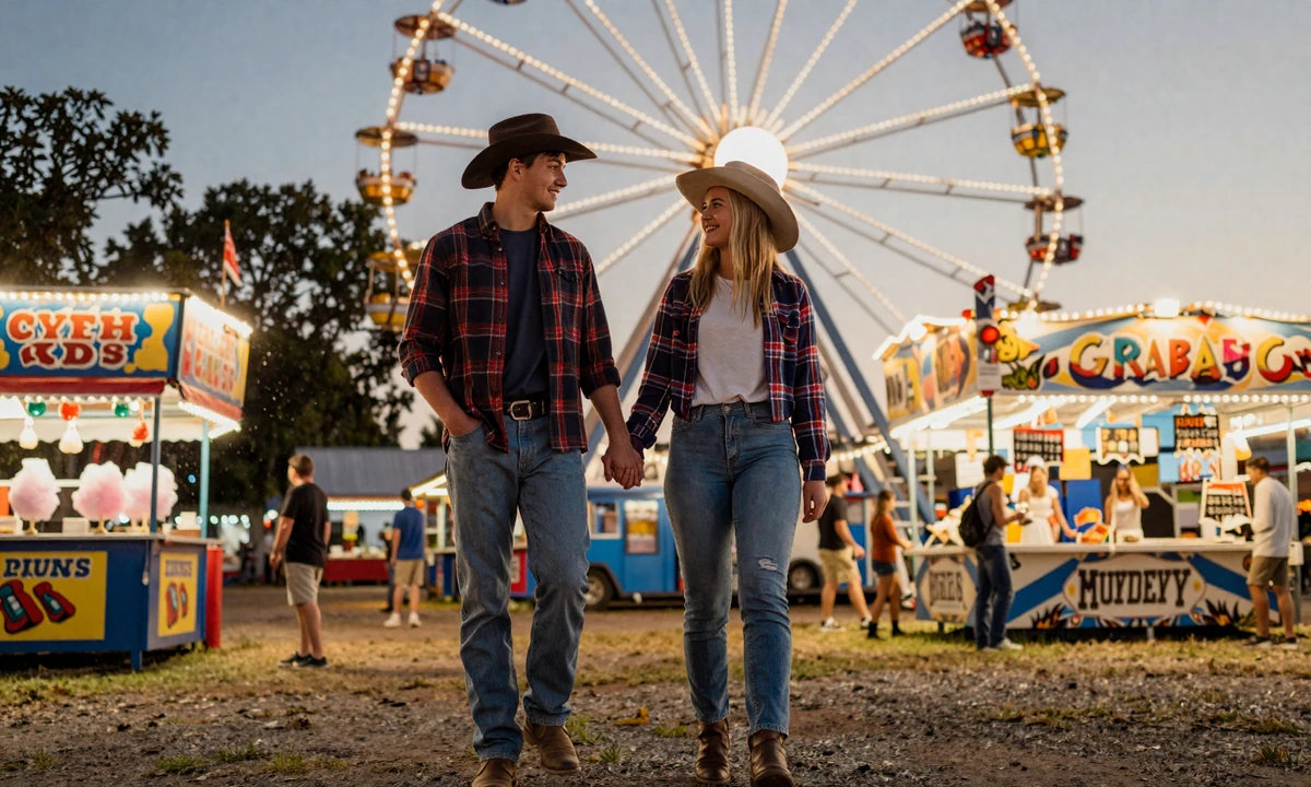 Country couple holding hands at a county fair at dusk with Ferris wheel and string lights, illustrating country date ideas and countryside romance