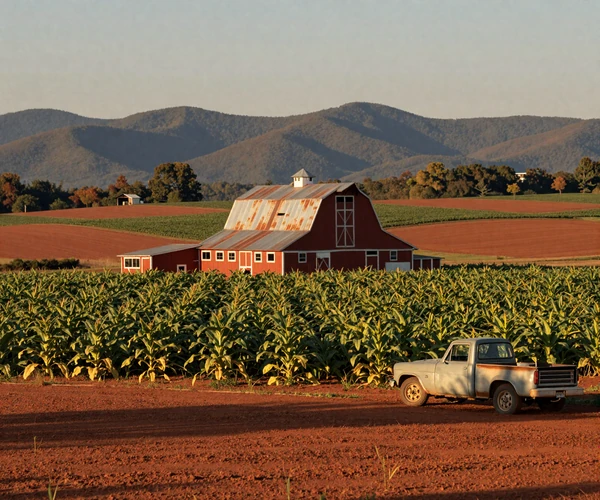 North Carolina Piedmont farm with tobacco rows red barn and Blue Ridge Mountains showing Tar Heel country dating community
