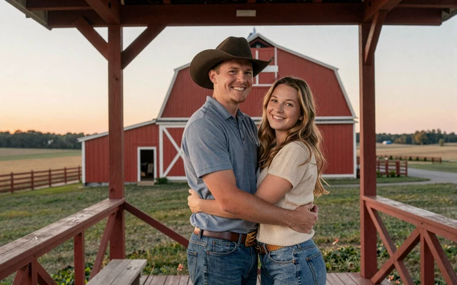 Real country couple at sunset on a barn porch, MuchDating success story