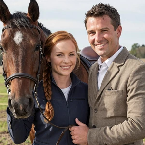 Nikki and Drew, an equestrian country couple from Kentucky, riding their quarter horses side by side along a wooded trail after meeting on MuchDating