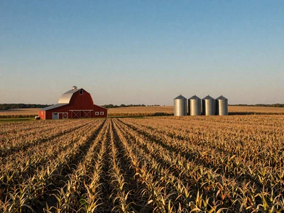Iowa cornfield with red barn and grain bins, gateway to Iowa farmers dating on MuchDating