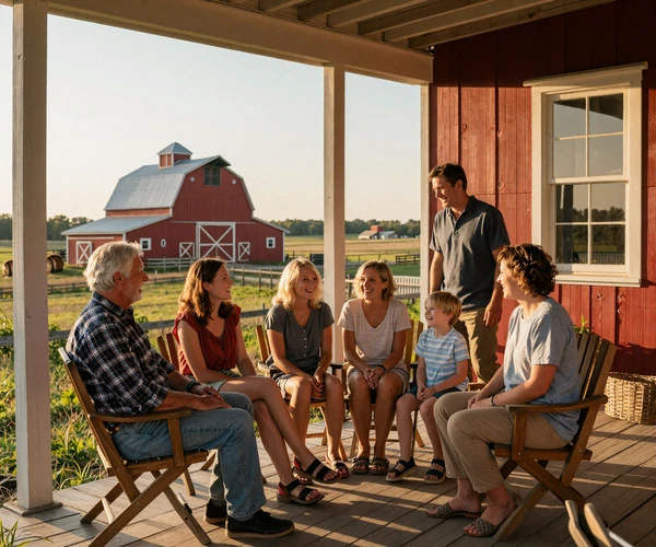 Multigenerational American farm family on the porch at sunset, illustrating the rural roots of MuchDating's farmer dating community