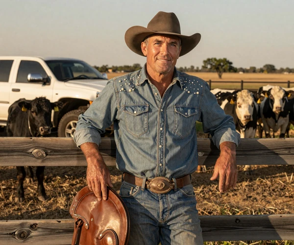 Affluent middle-aged American rancher leaning on cedar fence at his Texas cattle ranch, representing established country singles on MuchDating millionaire farmers dating community