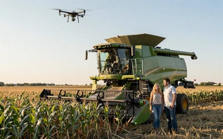 Industrial farm couple beside a combine - industrial farmers dating niche