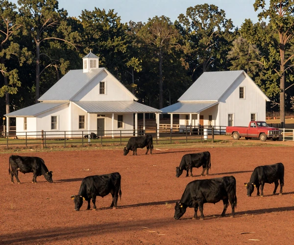 Alabama Black Belt cattle farm with red clay soil, white farmhouse and pine treeline showing Sweet Home country dating community