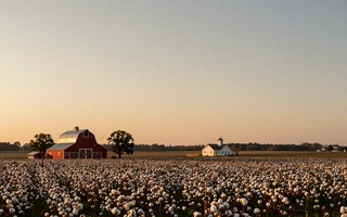 Alabama cotton field at sunset with country church, gateway to Alabama farmers dating on MuchDating