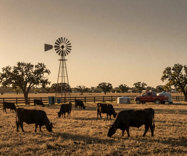 Texas cattle ranch at sunset with windmill, cedar fence and pickup truck illustrating Lone Star State farmer dating community