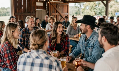 Diverse country couples gathered at a rural barn community event