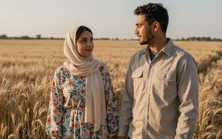 Muslim American farm couple in a wheat field - Muslim farmers dating community