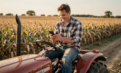 Farmer in flannel shirt smiling at his phone on a tractor, illustrating online dating tips for farmers