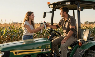 Woman handing coffee thermos to farmer on a tractor in an Iowa cornfield at golden hour
