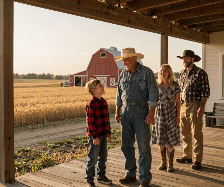 Multigenerational farm family on a porch at sunset, the rural roots of MuchDating's farmer dating community