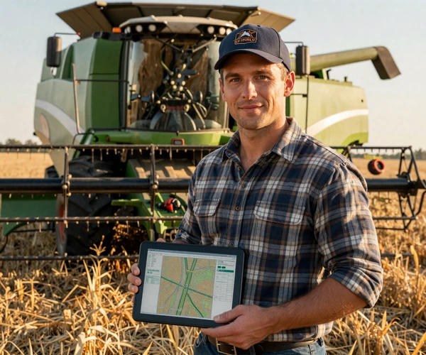 Iowa large-scale corn operator using a tablet for precision-ag field mapping, representative of industrial farmers dating community at MuchDating