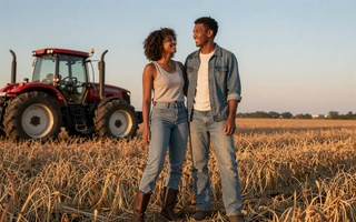 Young Black farm couple in a soybean field - Black farmers dating niche community