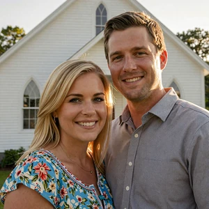 Happy farm couple smiling at their countryside wedding