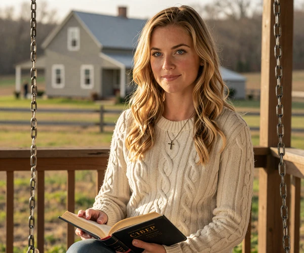 Christian woman reading Bible on rural Tennessee porch, illustrating rural Christian singles community on MuchDating