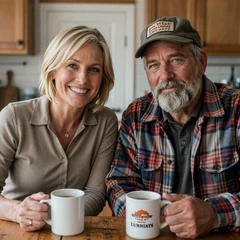 Deborah and Ray, Nebraska grain farm couple at the kitchen table