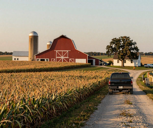Ohio dairy and grain farm at golden hour with red barn and corn fields, illustrating Buckeye State farmer dating community