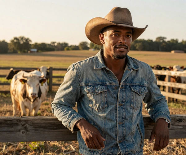 Black American cattle rancher leaning on a fence at sunset, representing Black farmers dating community at MuchDating
