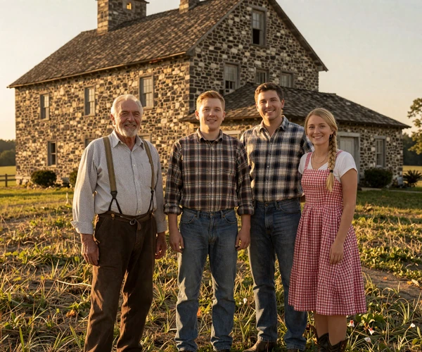 European-American three-generation farm family standing in front of a century-old stone farmhouse, representing heritage farmers dating community at MuchDating