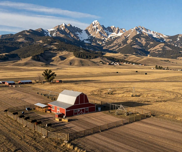 Montana cattle ranch with red barn pivot irrigation rolling prairie and Rocky Mountains under Big Sky country dating community
