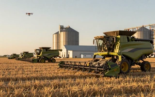 Large commercial grain harvest with combines and grain silos, gateway to industrial farmers dating on MuchDating