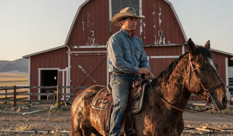 Cowboy saddling his bay quarter horse at dawn outside a Montana barn, illustrating dating a cowboy and ranch romance