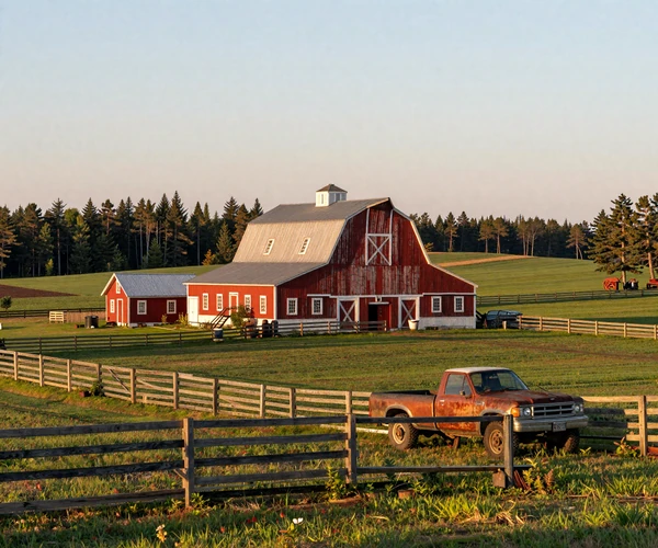 Aroostook County Maine potato farm with red barn and pine woods illustrating Down East farmer dating community