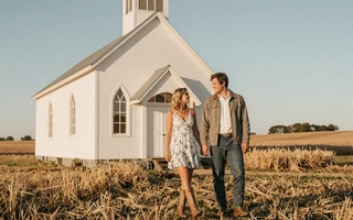 Christian farm couple outside a country church - Christian farmers dating community