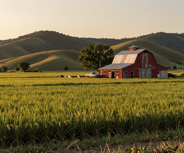 Illinois corn and soybean farm with red barn and grain silos illustrating Prairie State farmer dating community