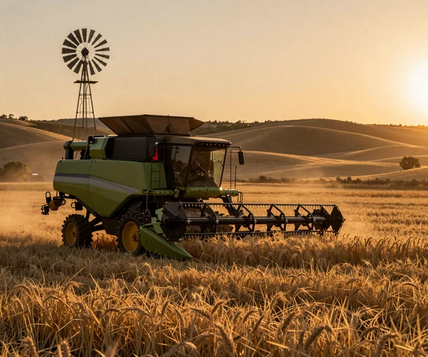 Kansas wheat harvest at golden hour with combine and windmill, Sunflower State farmer dating community