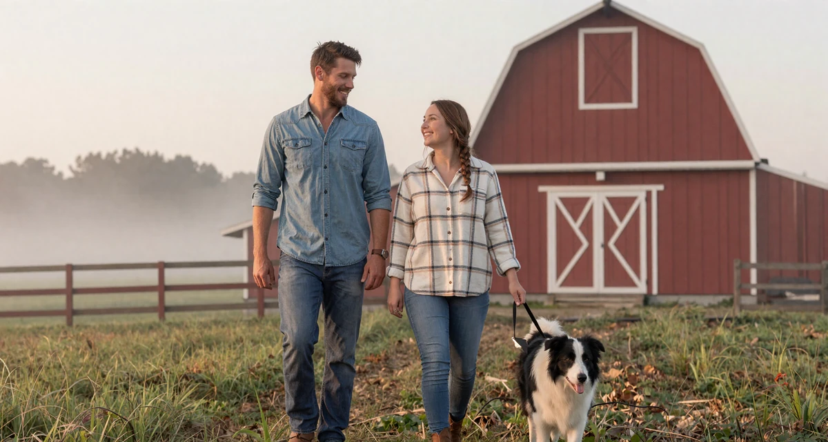 Country couple walking a border collie across a pasture at sunrise, illustrating life on a farm and relationships
