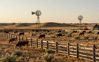 Texas cattle ranch at golden hour with Hereford cattle and a windmill