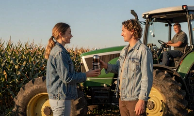 Woman handing coffee thermos to a farmer on a green tractor at golden hour