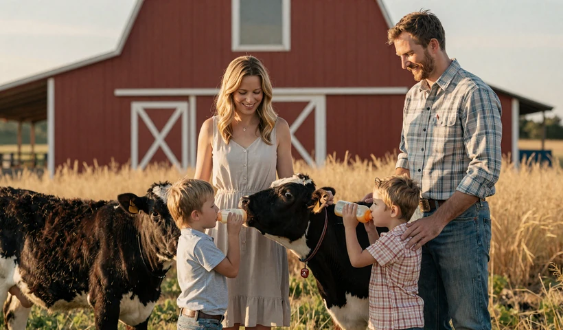 Country family with two young children bottle-feeding a calf at golden hour on a working farm